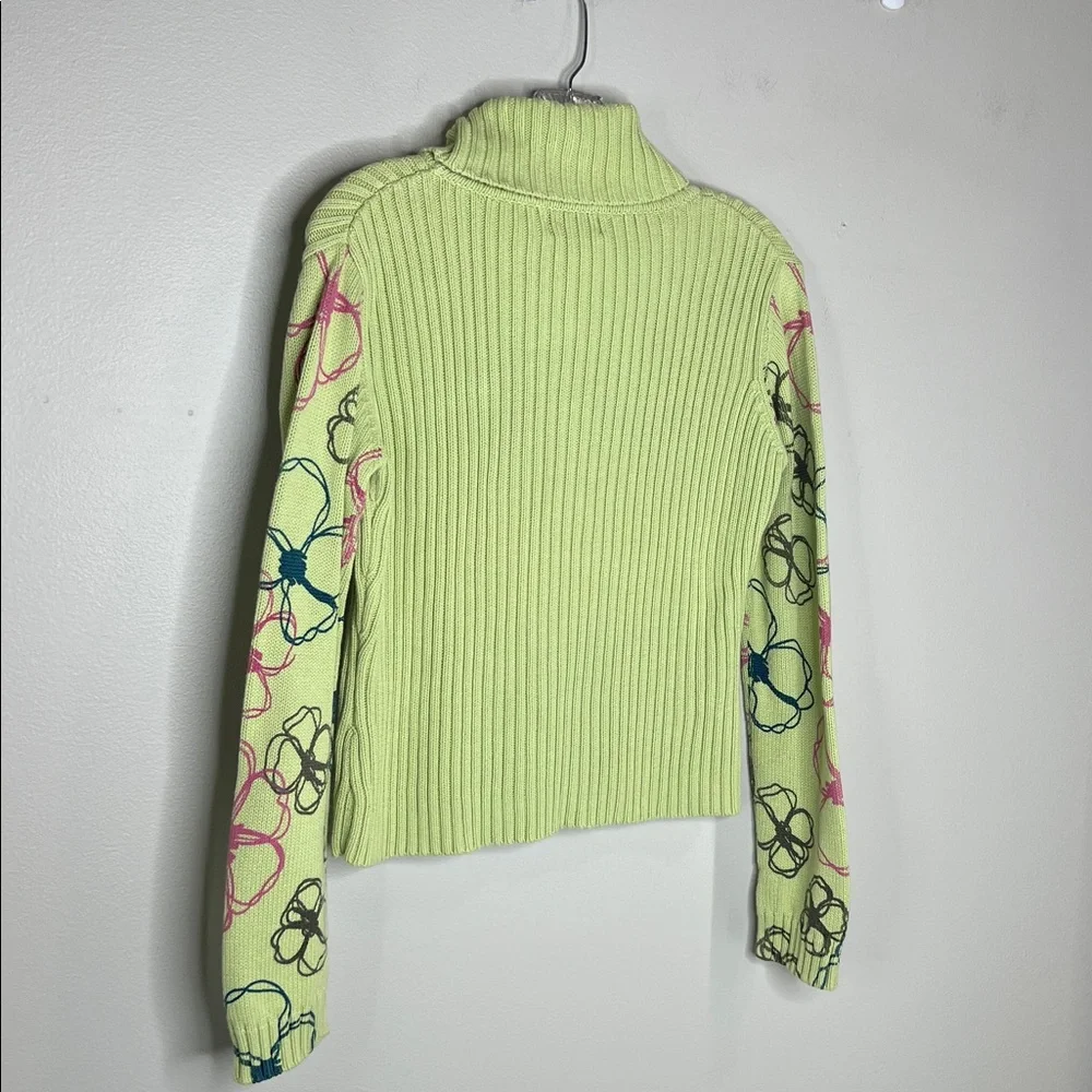 Cousin Johnny Whimsical Floral Lime Green Contour Knit Funnel Neck Sweater